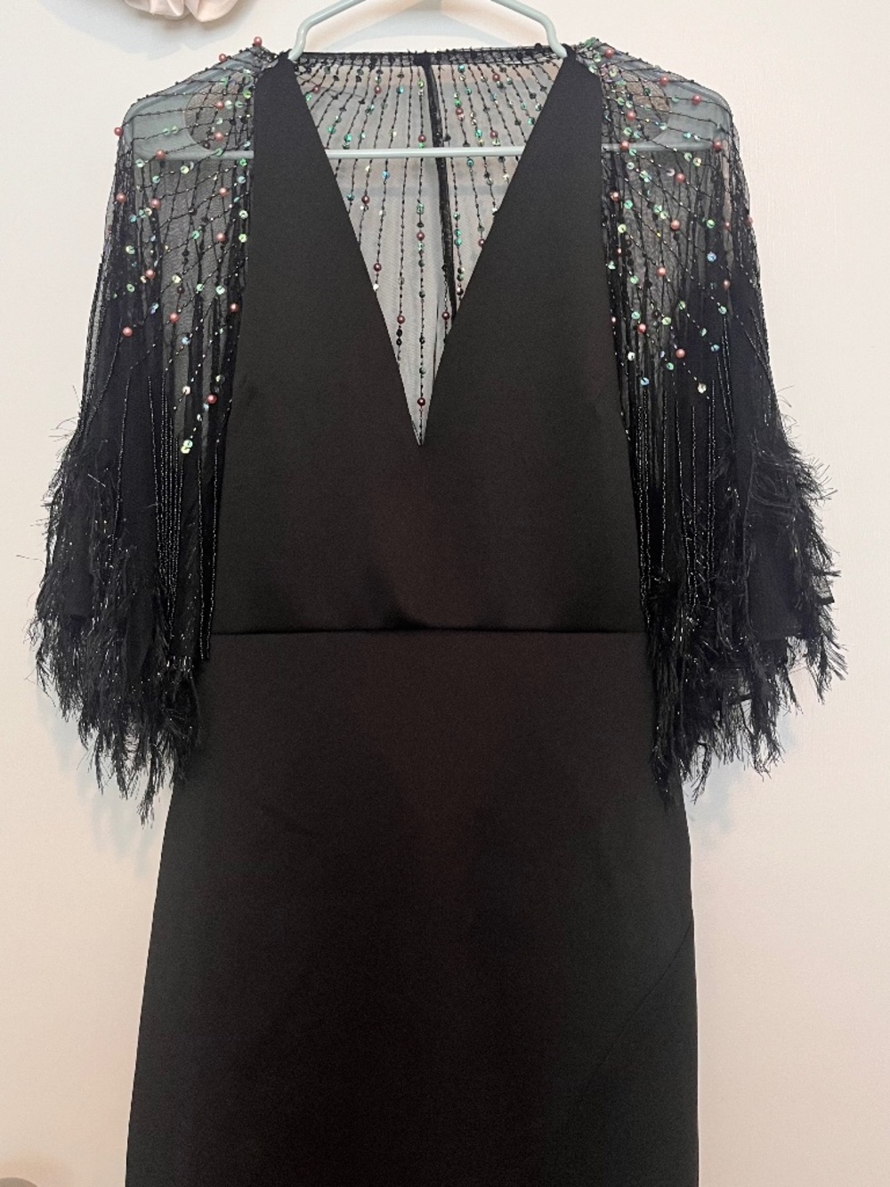 NWT ASOS DESIGN Black Faux Feather Beaded Cape Mini Halter Dress Sz 6